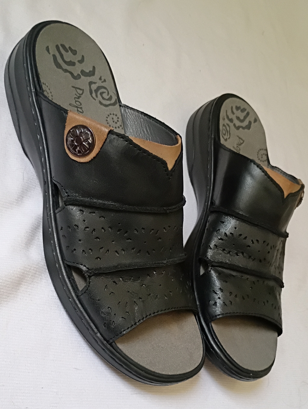 Propét Black Leather Slide Sandals Wide Width